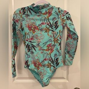 O’Neill Surf Suit Girls Sz 14 Aloha One Piece Long Sleeve Teal Tropical Design